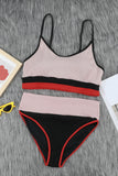 Spaghetti Straps Colorblock Ribbed High Waist Bikini