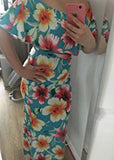 Turquoise Roses Print Off-the-shoulder Maxi Dress