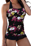 Open Back Ruched Halter Top Shorts Tankini Set