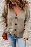 Khaki Drop Shoulder Button Front V Neck Cardigan with Pockets