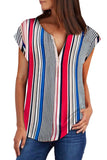 V Neck Stripes Roll up Short Sleeve Zip Up Blouse