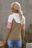 Khaki Color Block Zip Up Kangaroo Pocket Drawstring Hoodie