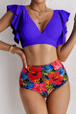 Floral Ruffled Hem High Waist Bikini Set