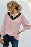V Neck Lace Patchwork Green Blouse