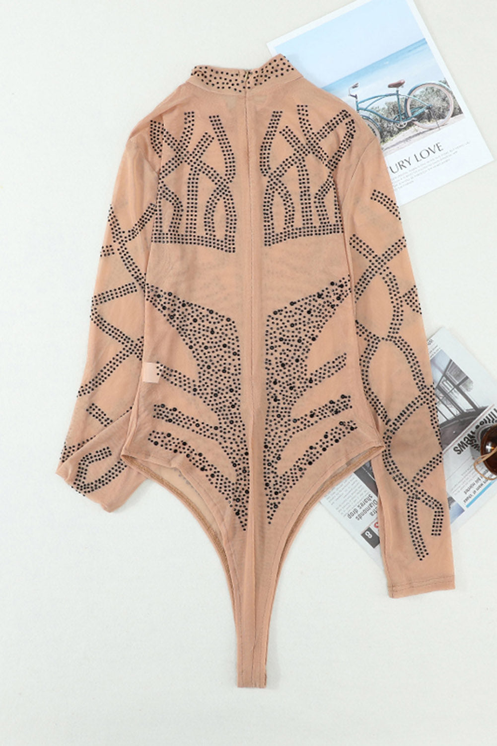 Gold Rhinestone Faux Bustier Mesh Long Sleeves Bodysuit – ALELLY