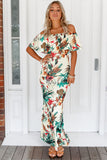 Turquoise Roses Print Off-the-shoulder Maxi Dress