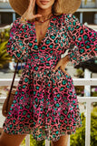 Rose Deep V Neck Cinched Waist Leopard Dress
