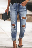 Mid Waist Straight Leg Distressed Wash Jeans