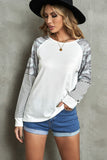 Round Neck Raglan Sleeve Camo Striped Patchwork Top