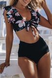 Black Floral Print Front Tie High Waist Bikini Swimsuit with Ruffles