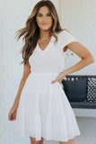 White Solid Smocked Short Sleeve V Neck Mini Dress