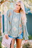 Sky Blue Geometric Aztec Print Long Sleeve Blouse