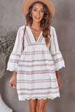 Khaki Vintage Print V Neck Lace Stitching Loose Dress