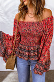 Floral Print Off-Shoulder Smocked Flare Sleeve Top
