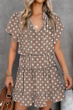 Dotted Print Split Neck Flutter Sleeve Flowy Tunic Mini Dress