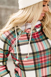 Multicolor Cowl Neck Plaid Drawstring Hoodie with Thumb Hole