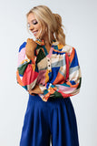 Geometric Patchwork Print Half Buttoned Blouse