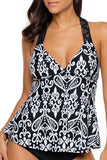 Patchwork Printed Open Back Tankini Swim Top