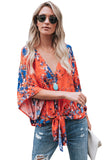 Floral Print Tie Front Kimono Sleeve Blouse