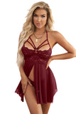 Lace Sheer Splicing Strappy Badydoll Set