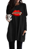 Oversize Zipped Red Lips Long Sleeve Top with Pockets