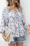 Sky Blue Floral Print Lace-up V Neck Babydoll Top