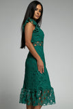 Green Flutter Sleeves Lace Lined Ruffled Midi Dress