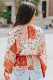 Multicolor Floral Print Patchwork Wrap V Neck Blouse