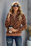Leopard 1/4 Zip Elastic Cuff Fashion Print Sherpa Pullover
