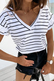 White Stripe V-neck Short Sleeve T Shirt