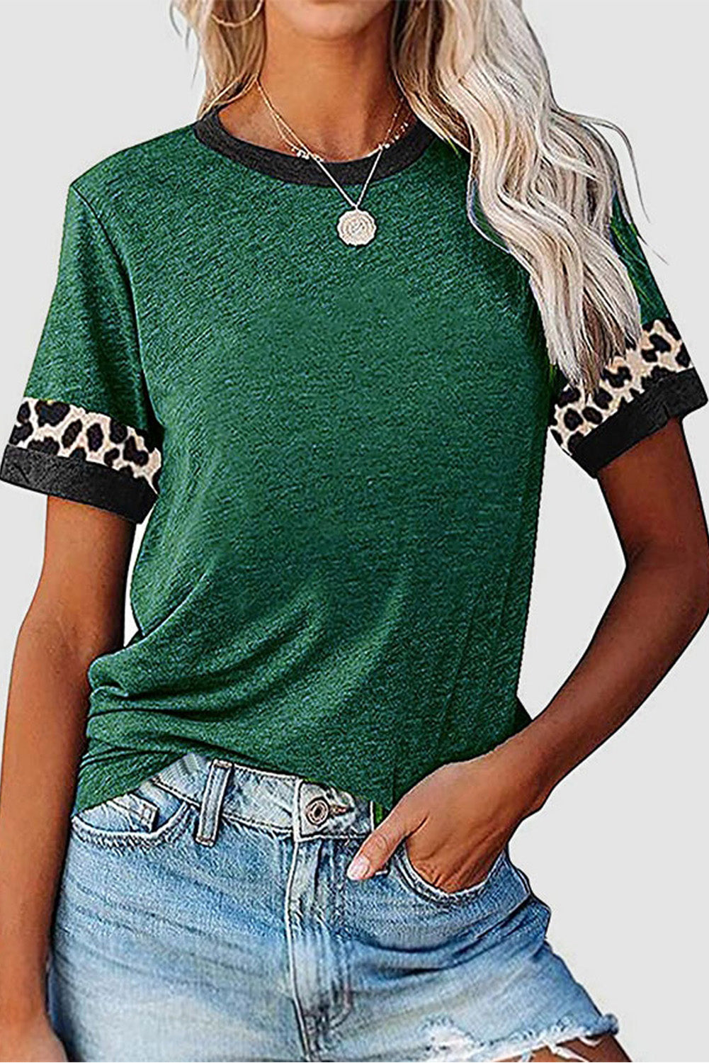 Contrast Color Leopard Stitching Crew Neck Tee