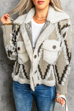 Brown Diamond Pattern Knit Sherpa Splice Cardigan Sweater
