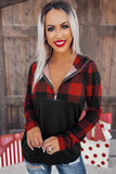 Contrast Buffalo Plaid Zip Pullover Hooded Top