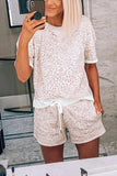Print Tee and Drawstring Pocketed Shorts Lounge Set