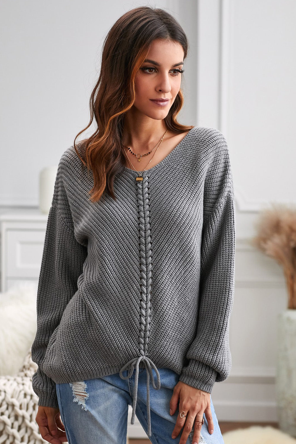 V-neck Lace Up Knitted Sweater