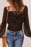 Black Wild Moss Spots Ruched Sheer Long Sleeve Top