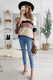 Khaki Colorblock V Neck Ribbed Knitted Sweater