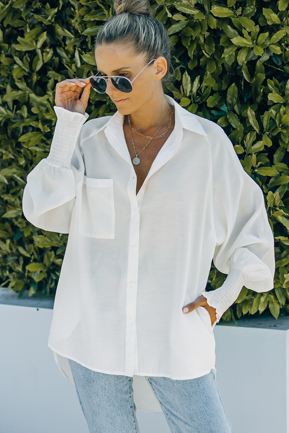White Billowy Sleeves Pocketed Shirt