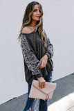 Leopard Patch Ribbed Loose Long Sleeve Blouse