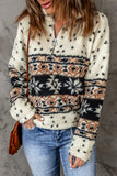 Apricot Tribal Printed Zipped Fleece Pullover Sweatshirt
