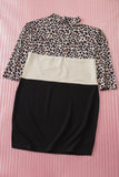 Leopard Color Block Cold Shoulder Shift Mini Dress