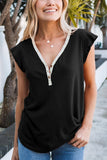 V Neck Buttoned Lace Trim Short Sleeve Tee