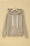 Kangaroo Pocket Button Lace Drawstring Hooded Pullover Sweater