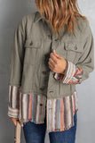 Green Button Up Pockets Striped Color Block Corduroy Jacket