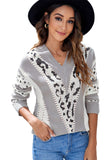 Animal Print Accent V Neck Sweater