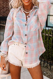 Pink Collared Neckline Plaid Pattern Long Sleeve Shirt