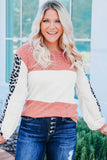 Leopard Color Block Knitted Long Sleeve Top