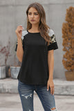 Khaki Striped Leopard Print Short Sleeve Women T-shirt