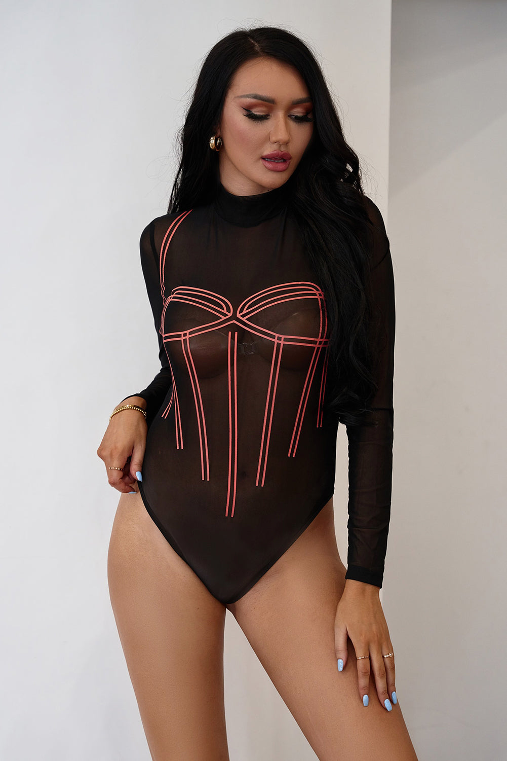 High Neck Printed Front Long Sleeve Bodysuit