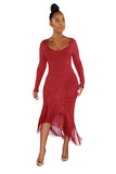 Glove Sleeves Fringed High-low Midi Dress